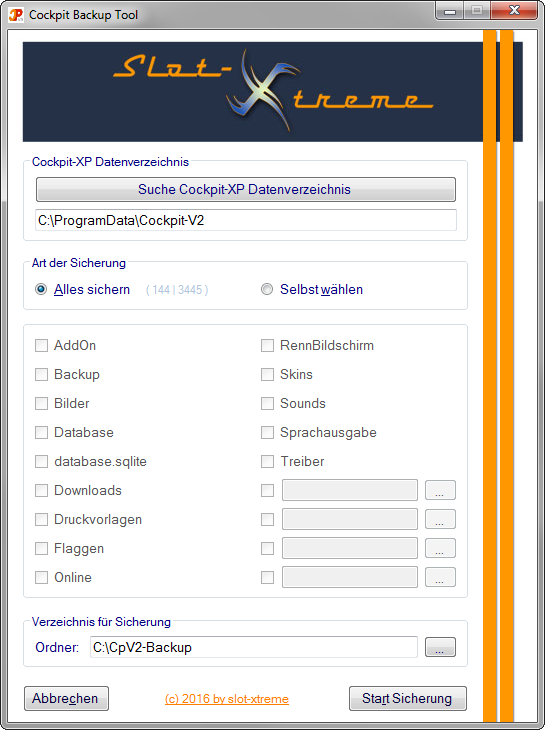 Screenshot Cockpit Backup Tool